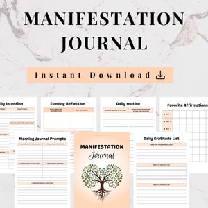 May include: A digital download of a manifestation journal with a tree of life design. The journal includes sections for daily intention, evening reflection, daily routine, and gratitude lists. The words "Manifestation Journal" are displayed on the cover.