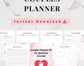May include: A digital couples planner with a pink and white design. The planner includes sections for finances, date nights, photos, and a 50-question journal. The words "COUPLES PLANNER" are at the top.