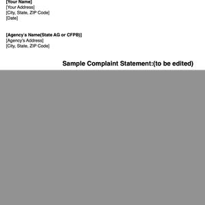 Może przedstawiać: Biały dokument z czarnym tekstem, zawierający frazy "Your Name", "Your Address", "Sample Complaint Statement:(to be edited)" oraz informacje adresowe. Tło jest jednolicie szare.