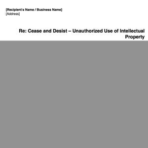 Może przedstawiać: Formalny list z nagłówkiem "Re: Zaprzestanie i zaniechanie - Nieautoryzowane użycie własności intelektualnej". List zawiera informacje o nadawcy i odbiorcy, z szarym tłem.