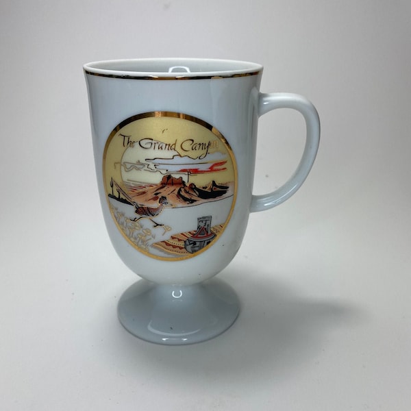 Vintage Grand Canyon Souvenir Cup | Gold Trim | Road Runner | Coffee Cup | Made In Japan | Arizona Scene Decal | White Ceramic | 16 oz
