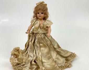 Vintage 1940s Duchess Doll | Ivory Satin Gown | Hard Plastic | Travel Doll | 7 1/2" Tall | Blonde Wavy Hair | Movable Arms, Legs, Eyes