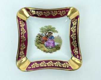 Vintage Limoges Ashtray | Made in France | Veritable Porcelaine D'Art | Cranberry, Gold Trimmed | Man and Women Lovers | Signed Fragonard