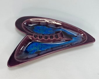 Vintage Royal Haeger USA Purple MCM Large Ashtray | Coffee Table Decor | Blue Crackle Center | Mod Astro Shape | #135 (c) | 11.5" x 7.5"