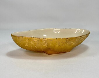 Vintage Weeping Bright Gold 22K Bowl | Hand Decorative Dish | Ceramic Pottery Home Decor | 95" x 5.5" x 2" | White Center | Recency MCM