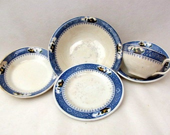 Antique 1920s Milton's | Bone China Dishware | England | Sailboat | Blue Border | House by the Sea