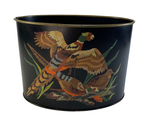 Vintage Tole Painted Tin Letter Box Desk Caddy Pheasant in Flight Paint
