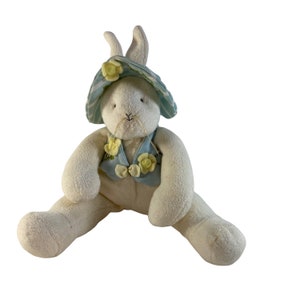Vintage 2002 Hallmark Bunnies By the Bay Plush | Sweet Bunny with Blue Hat and Vest | Buttercup | Yellow Flowers | Terry Cloth  | Size 13&quot;