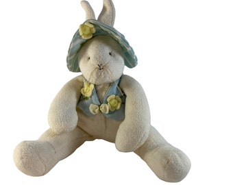 Vintage 2002 Hallmark Bunnies By the Bay Plush | Sweet Bunny with Blue Hat and Vest | Buttercup | Yellow Flowers | Terry Cloth  | Size 13"