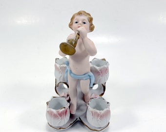 Vintage Bisque Porcelain Cherub Tulip Lipstick Holder | I. W. Rice Japan | Pastel Pink Four Tulips and Roses | Cherub Blowing Horn | 5 1/2"