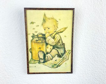 Vintage Hummel Small Picture In Frame | Little Boy In The Honey Jar | Bumble Bees | Muted Colors | 6" x 4" | Glass Covered | Metal Frame