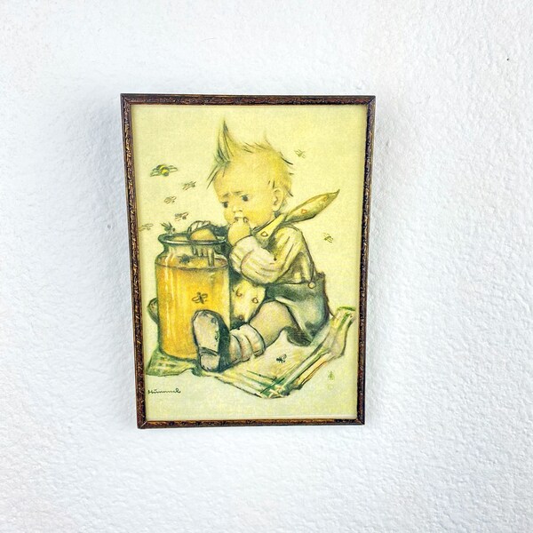 Vintage Hummel Small Picture In Frame | Little Boy In The Honey Jar | Bumble Bees | Muted Colors | 6" x 4" | Glass Covered | Metal Frame