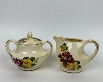 Vintage 1940s Creamer and Sugar Bowl | Transfer Roses | Made In USA | 8380 SC | Large Set | Ivory and Dark Muted Colors | Pottery