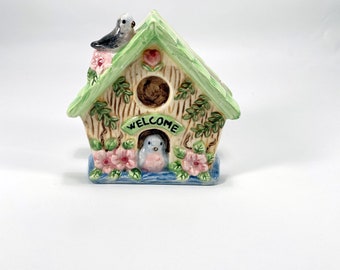 Vintage 90s Debra Jordan Bryan 'Blue Bird Cottage' Ceramic Napkin Holder | Hand Painted Glazed | Bird House Decor | Cottage Decor |