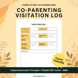 Peut inclure: Un journal de visites de coparentalité imprimable avec un fond blanc et du texte noir. Le journal comprend des champs pour les heures de début et de fin, le lieu et des questions sur la prise en charge et la dépose. Le texte "Court-Friendly" est dans une étoile jaune.
