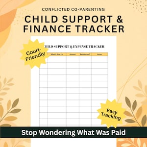 Pode incluir: Um documento de rastreamento de pensão alimentícia e finanças com uma tabela contendo colunas para What It Was For, Amount, Reimbursed e Notes. A página inclui os textos Conflicted Co-Parenting, Court-Friendly, Easy Tracking e Stop Wondering What Was Paid.