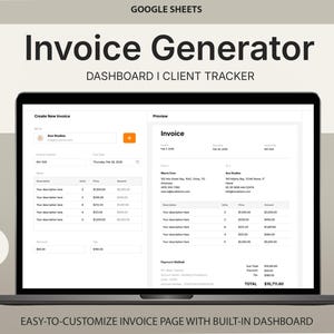 Può includere: Uno schermo di un laptop che mostra un'interfaccia di generatore di fatture. Lo schermo mostra un'anteprima di una fattura con campi per descrizioni degli articoli, prezzi e importi. Il testo sullo schermo include "Generatore di fatture" e "Pagina fattura facile da personalizzare con dashboard integrato."