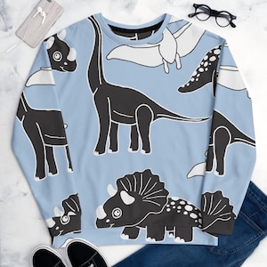 Dinosaur Print Sweater Unisex All-Over Prehistoric Dinosaur Sweatshirt Soft Brushed Fleece Eco-Friendly Polyester