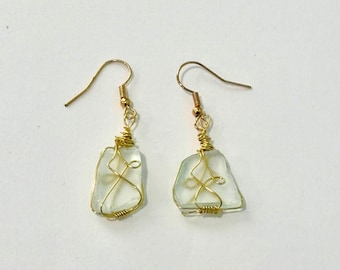 Clear and Gold Handmade Wire Wrapped Seaglass Earrings
