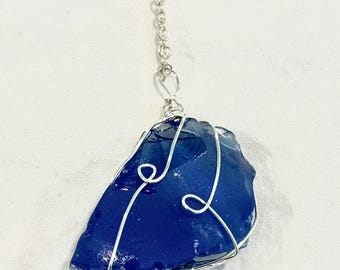 Dark Blue Handmade Wire-Wrapped Silver Pendant Necklace
