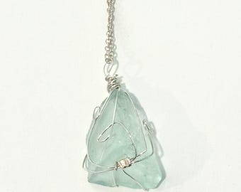 Light Blue Handmade Wire Wrapped Seaglass Pendant Necklace