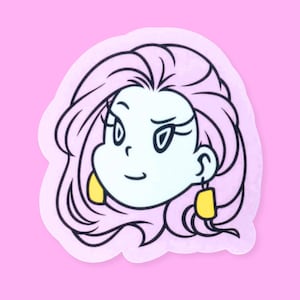 May include: A sticker featuring a cartoon illustration of a woman's face with light pink hair and yellow earrings. The sticker has a white border and is set against a pink background. The woman has a neutral expression.