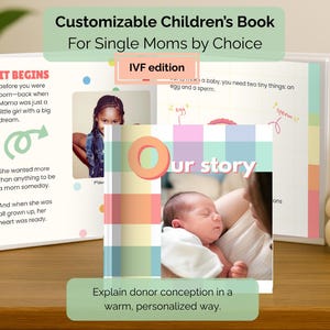 May include: A children's book, designed for single mothers by choice, IVF edition. The book explains donor conception with illustrations and text. A soft toy rabbit sits beside the open book on a wooden surface.
