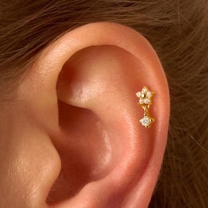 925 Sterling Silver Petal Sparkle Chain Drop Stud Earring • Delicate Drop Piercing Jewelry • Cartilage Helix Conch Studs • Gift for Her