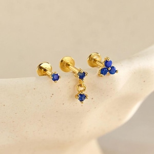 Natural Lapis Lazuli Clover Stud Earring Set • Blue Stardust Collection • Sterling Silver Flat Back Stud • Helix Tragus Conch • Gift For Her