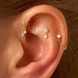 Tiny Star Chain Drop Earring Set • 16G Sterling Silver Dangle Flat Back Stud • Cartilage Helix Earrings • Gift Set • Gift For Her