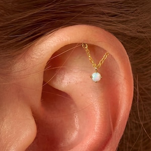 Iridescent White Opal Vertical Dangle Hidden Helix Piercing • Sterling Silver Drop Earrings • Flat Back Cartilage Helix Studs • Gift For Her