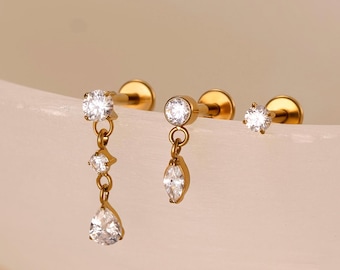 16G/18G Dainty Dangle Stud Earring Set • Minimalist Drop Chain Flat Back Earrings • Tragus Helix Conch • Cartilage • Gife For Her • Gife Set
