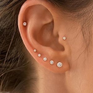 Peut inclure: Un ensemble de six petites boucles d'oreilles à clous ornées de pierres transparentes rondes serties dans du métal. Les boucles sont disposées le long du lobe et du cartilage, avec une boucle sur le tragus et cinq le long du bord de l'oreille.