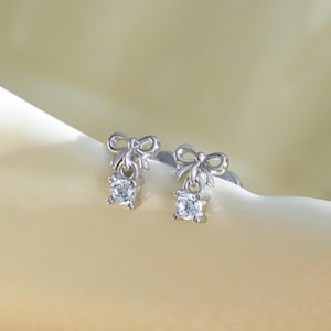 Mini Bow Drop Stud Earrings • 925 Sterling Silver Dainty Bow Earrings • Delicate Drop Cartilage Earrings • Helix Conch Studs • Gift for Her