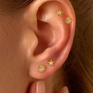 May include: Close-up of an ear with gold stud earrings. The earrings are shaped like seashells and starfish. The ear is on the right, with a blurred background. The earrings are gold in colour.