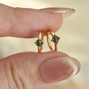 16G Natural Moss Agate Huggie Hoop • 18K Gold Plated Earring • Sterling Silver Cartilage Hoop • Helix Tragus Rook Conch Hoop • Gift For Her