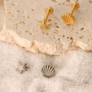 May include: Stud earrings with a seaside theme. Two gold-coloured earrings feature a starfish and seashell design. Two additional earrings, one starfish and one seashell, are silver-coloured. The earrings are displayed on a textured, light-coloured surface.