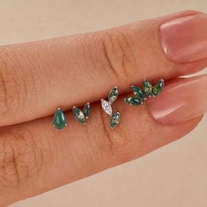 Natural Moss Agate Leaf Earrings Set 2 • Titanium Flat Back Earring • 16G/18G Helix Tragus Conch Cartilage Stud • Nose Stud • Gift for Her