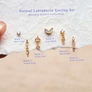 Natuurlijke labradoriet sterlingzilveren oorbellenset • Moonlit Aurora-collectie • Studs met platte achterkant • Tragus helix-kraakbeenschelp • Cadeau voor haar