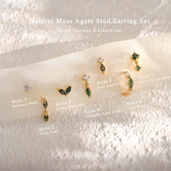 Natural Moss Agate Sterling Silver Stud Earring Set • Moss Garden Collection • Flat Back Cartilage Studs • Tragus Helix Conch • Gift for Her