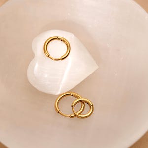 May include: Gold-colored hoop earrings displayed on a white heart-shaped stone. The earrings are small and circular, with a simple, elegant design. The background is a soft, neutral color, highlighting the jewelry.