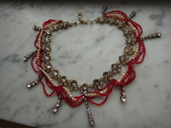 Vintage Crystal and Pearl Choker Necklace 16 Inch… - image 2