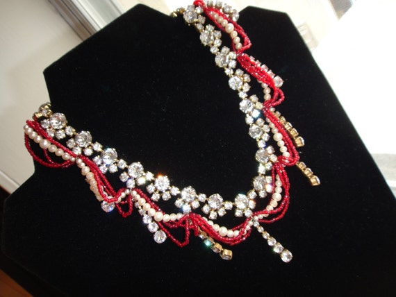 Vintage Crystal and Pearl Choker Necklace 16 Inch… - image 1