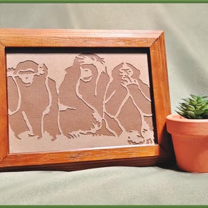 Three Wise Monkeys - paper cutout in walnut frame