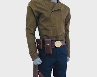 May include: A brown jacket with a mandarin collar, paired with navy blue pants featuring a red stripe down the side. The outfit includes a brown belt with a gold buckle and a holster. This costume is inspired by a science fiction movie.