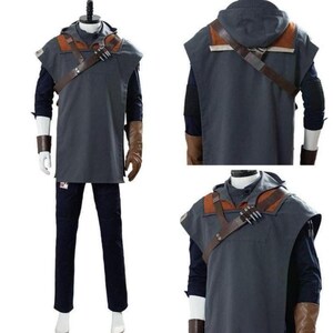 May include: A gray hooded tunic with brown leather accents and straps, paired with navy pants and gloves. The costume features a dark blue long-sleeve shirt underneath. The outfit is displayed on a mannequin.
