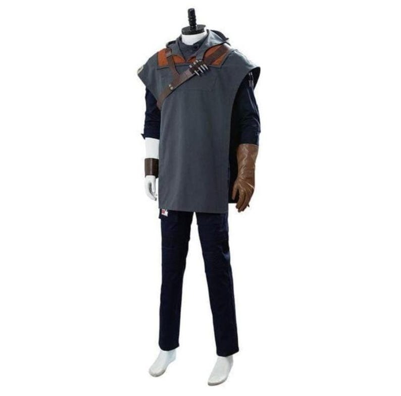 May include: A costume featuring a gray hooded tunic with brown leather straps and accents. The costume includes a dark blue long-sleeved shirt, dark blue pants, brown gloves, and white wrist and ankle coverings. The outfit is displayed on a mannequin.