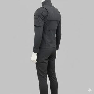 May include: A black tactical outfit, featuring a high collar, short-sleeved top with shoulder padding, and long sleeves underneath. The outfit includes matching pants. The design incorporates visible stitching and a structured silhouette, suitable for cosplay or themed events.