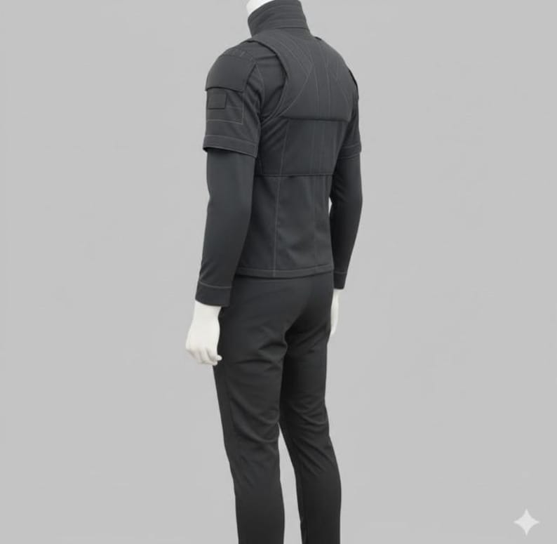 May include: A black tactical outfit, featuring a high collar, short-sleeved top with shoulder padding, and long sleeves underneath. The outfit includes matching pants. The design incorporates visible stitching and a structured silhouette, suitable for cosplay or themed events.