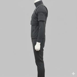May include: A dark gray tactical uniform, featuring a high collar, long sleeves, and a vest-like overlay with multiple pockets. The pants are a matching dark gray color. The outfit is displayed on a mannequin.